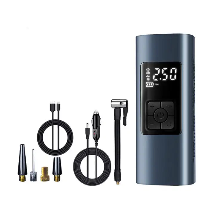 Portable tire inflator with complete set of nozzles, cables, and hose for inflating tires and sports gear.
