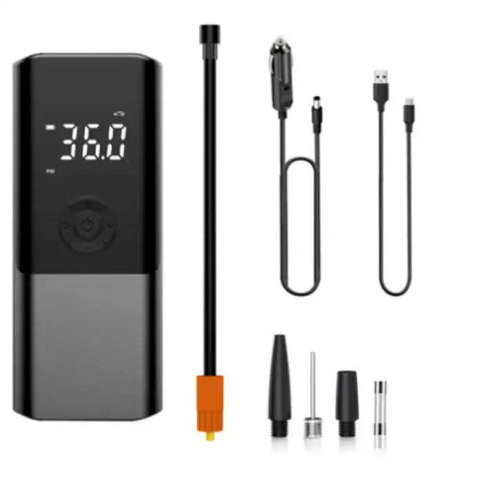 Portable tire inflator with hose, USB charger, and multiple valve adapters for versatile inflation needs.