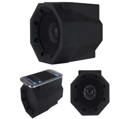 Three views of black octagonal wireless speaker: front, top with smartphone, and side profile