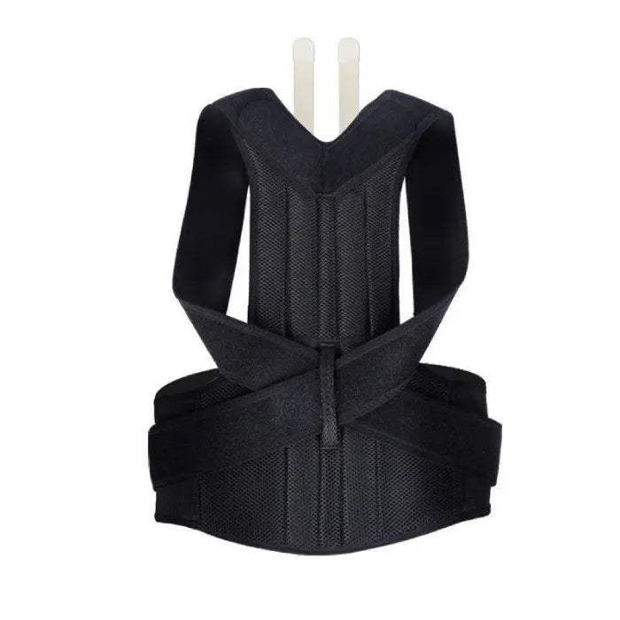 This posture corrector full back lumbar support brace uses straps and firm panels to promote correct spinal posture.