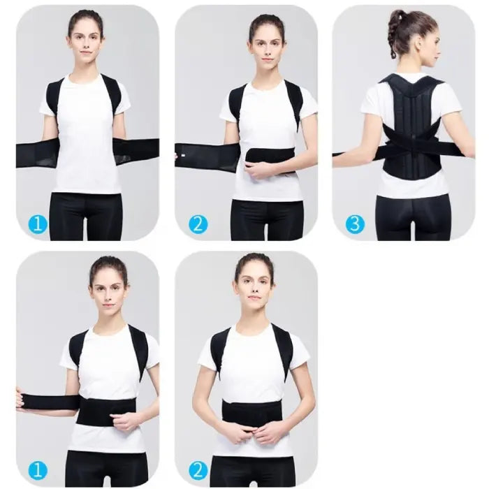 This posture corrector model wearing adjustable brace shows step‑by‑step how to secure straps for correct posture.