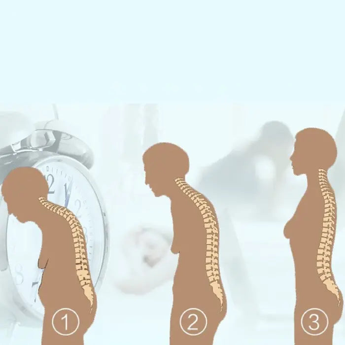 This posture support belt graphic visually shows spine alignment improvement from slouched to correct posture with belt.