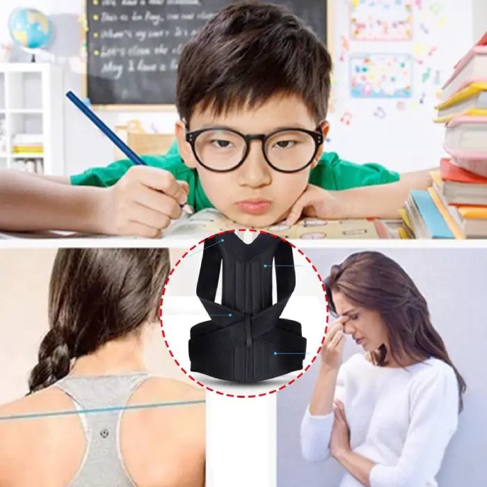This posture support belt on woman in white t‑shirt visibly aligns shoulders and secures the lumbar region gently.