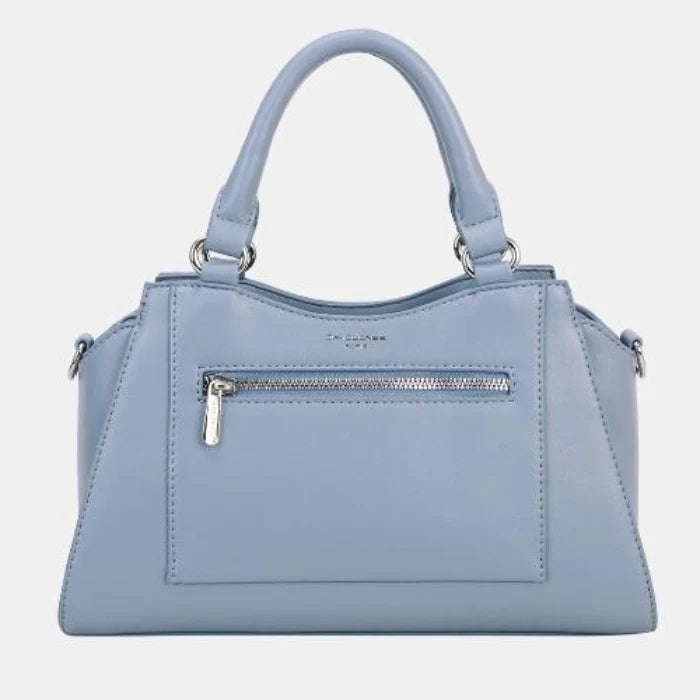 Structured powder blue leather handbag with silver zipper detail and double handles