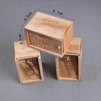 Three prank boxes showing wood texture and size dimensions with sliding lid and text.