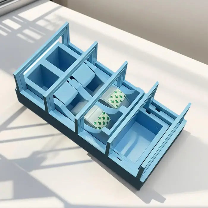 Closeup of blue precut tape dispenser with refillable compartments for organized multi-roll storage.