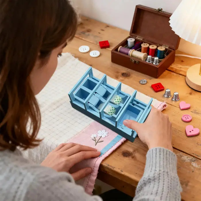 Precut tape dispenser being used in a sewing craft setup with decorative ribbon and sewing supplies.