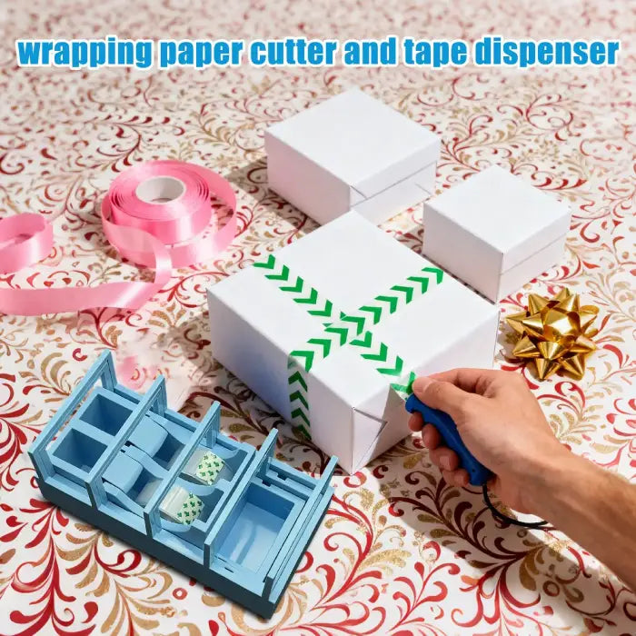 Precut tape dispenser used for gift wrapping white boxes with green tape and pink ribbons during holidays.