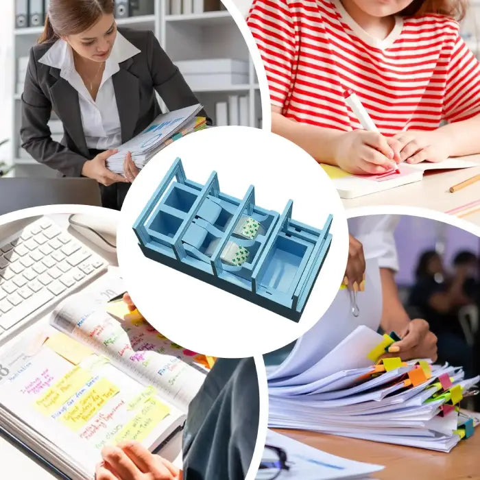 Precut tape dispenser featured for various uses including school, office, organizing, and journaling.