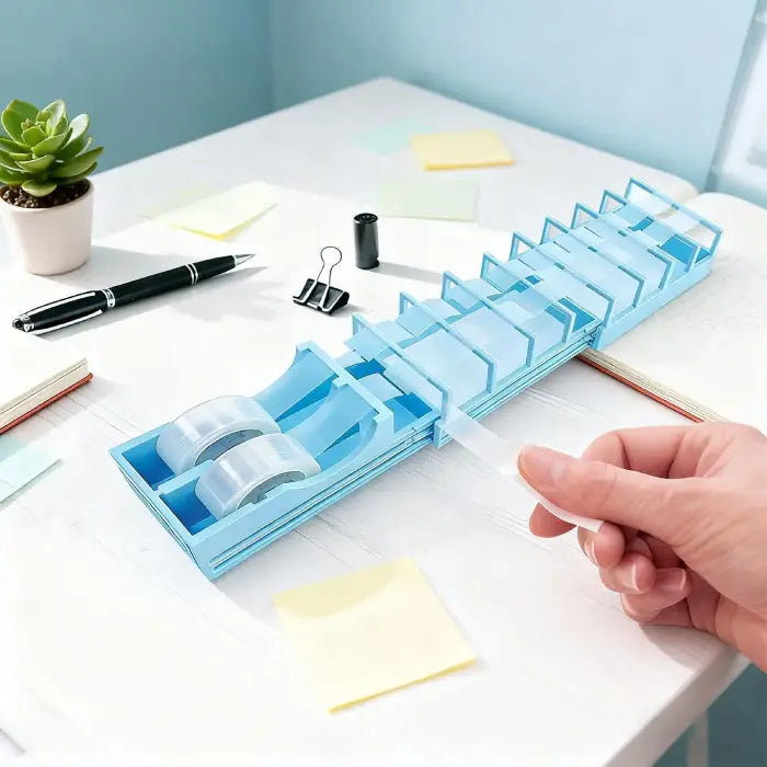 Precut tape dispenser on desk used for easy tape pulling in an organized office workspace with sticky notes.