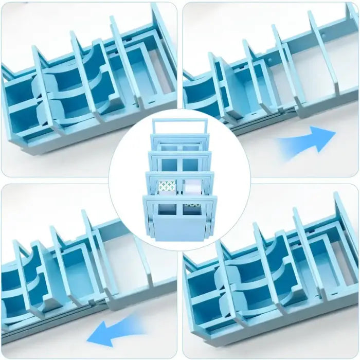 Blue precut tape dispenser shown in various sliding positions to illustrate tape loading and cutting.
