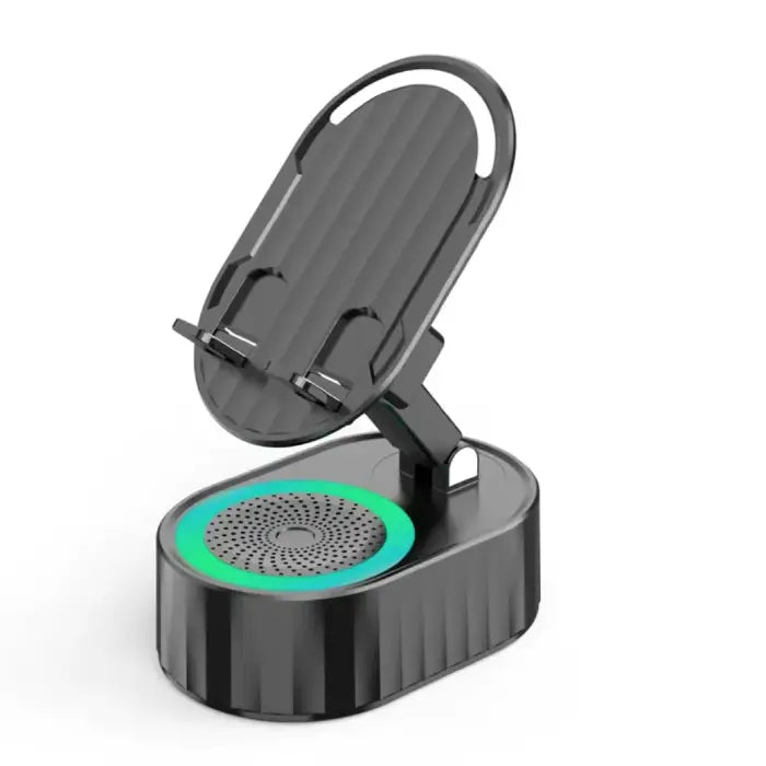 Black desktop phone holder featuring adjustable mount, integrated speaker system with turquoise LED accent ring