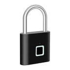 Modern black biometric padlock with sleek design, fingerprint sensor, and durable metal construction for keyless security access