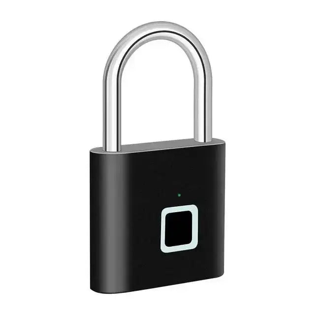 Modern black biometric padlock with sleek design, fingerprint sensor, and durable metal construction for keyless security access