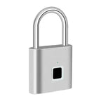 Modern silver biometric padlock with sleek design, fingerprint sensor, and durable metal construction for keyless security access