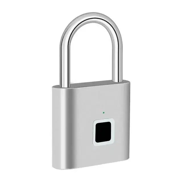 Modern silver biometric padlock with sleek design, fingerprint sensor, and durable metal construction for keyless security access