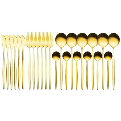 Complete gold-plated flatware set with matching knives, forks and spoons