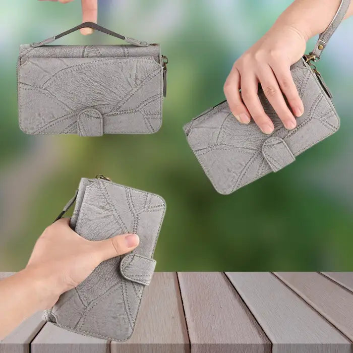 Magnetic wallet phone case in elegant gray leather featuring textured design and convenient carrying options