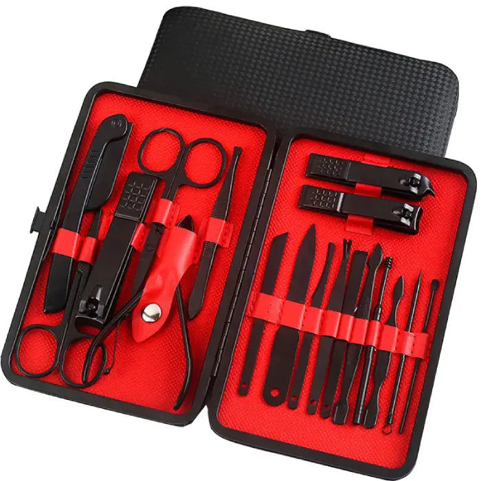 Professional manicure set with red interior and black tools in protective case