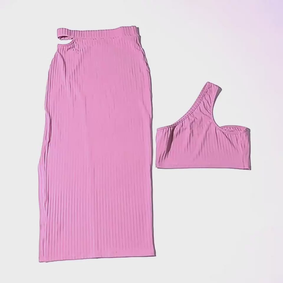 Pink asymmetrical dress showcasing fabric and stretch material