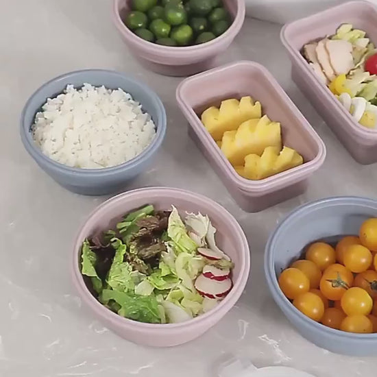 expandable silicone food grade containers that are microwave save and space savers