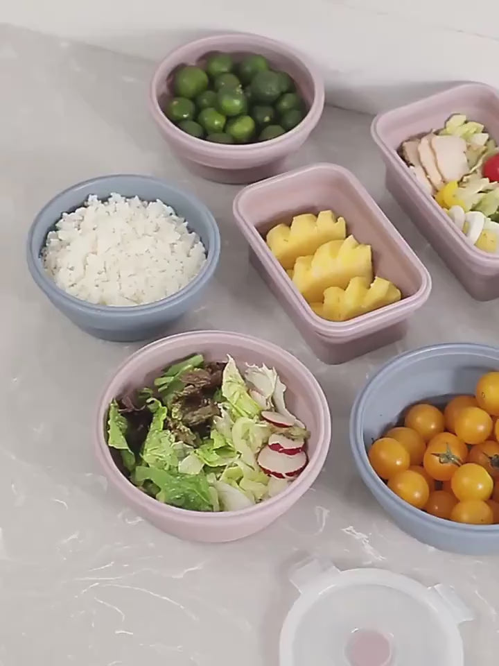 expandable silicone food grade containers that are microwave save and space savers