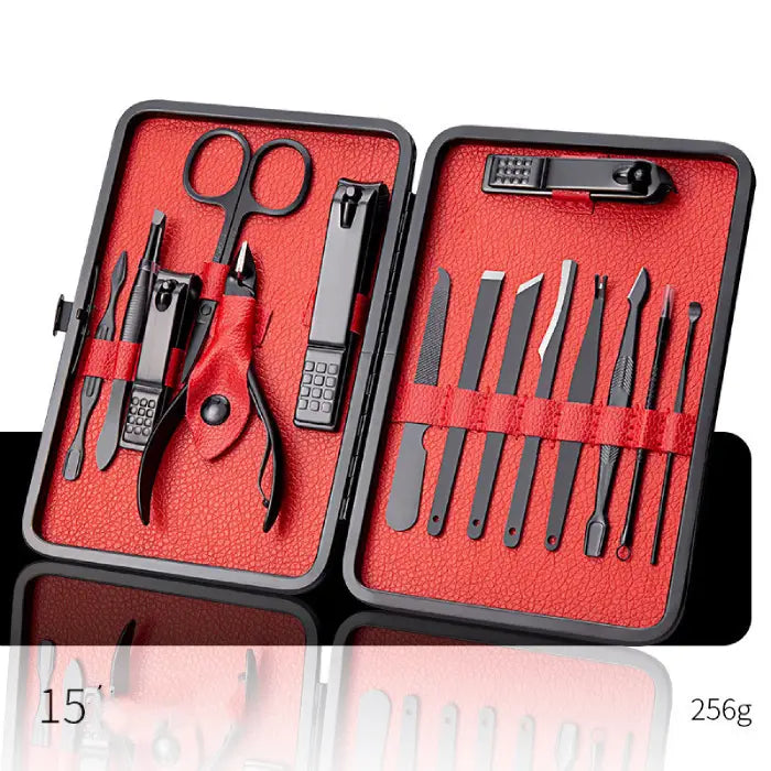  Professional 15-piece manicure kit with scissors and tools in black case with red interior lining