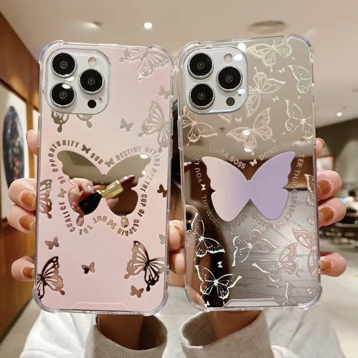 Protective iPhone 15 case in two variations - clear with silver butterflies and pink with gold butterflies showing design options