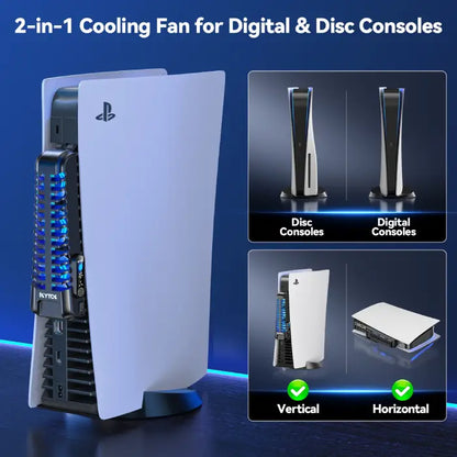 PS5 cooling fans compatible with both disc and digital consoles, offering efficient cooling for horizontal and vertical placements.