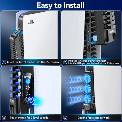 Step-by-step installation guide for PS5 cooling fans, showing USB connection and touch controls for fan speed adjustment.