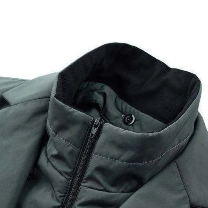 Puffer Blazer Jacket with high neck design and front zip closure in charcoal grey padded finish.