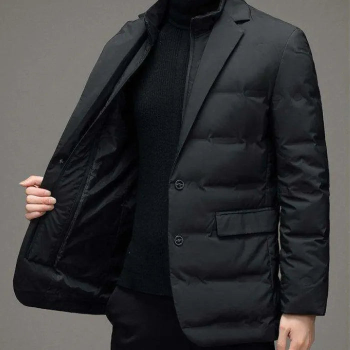 Front-open view of black Puffer Blazer Jacket worn over black turtleneck with buttoned design.
