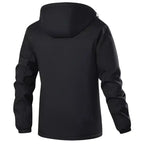  Pullover anorak jacket with zippered chest pocket in black, showing clean back design and hood, rear angle