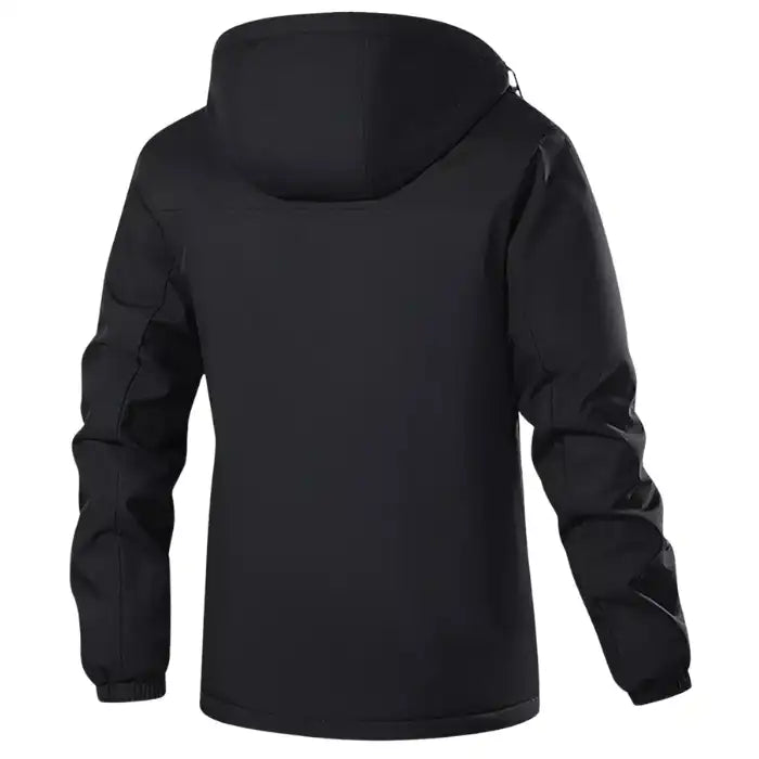  Pullover anorak jacket with zippered chest pocket in black, showing clean back design and hood, rear angle