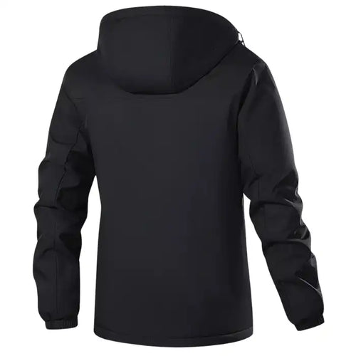 Pullover anorak jacket with zippered chest pocket in black, showing clean back design and hood, rear angle