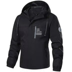 Pullover anorak jacket with zippered chest pocket in black, featuring hood and side pockets, front view display