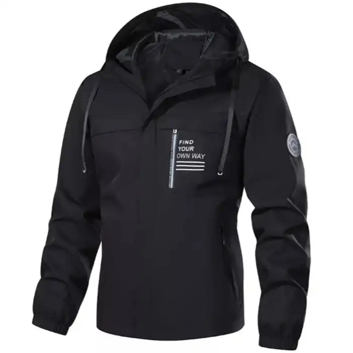 Pullover anorak jacket with zippered chest pocket in black, featuring hood and side pockets, front view display