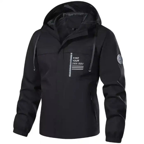 Pullover anorak jacket with zippered chest pocket in black, featuring hood and side pockets, front view display