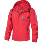 Pullover anorak jacket with zippered chest pocket in vibrant red, featuring adjustable hood, front display