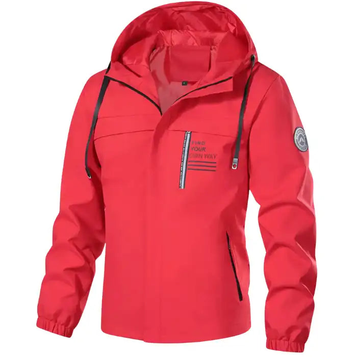 Pullover anorak jacket with zippered chest pocket in vibrant red, featuring adjustable hood, front display