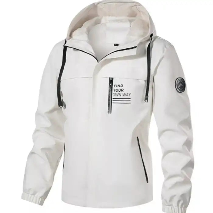 Pullover anorak jacket with zippered chest pocket in crisp white, showing hood and zipper details, front view