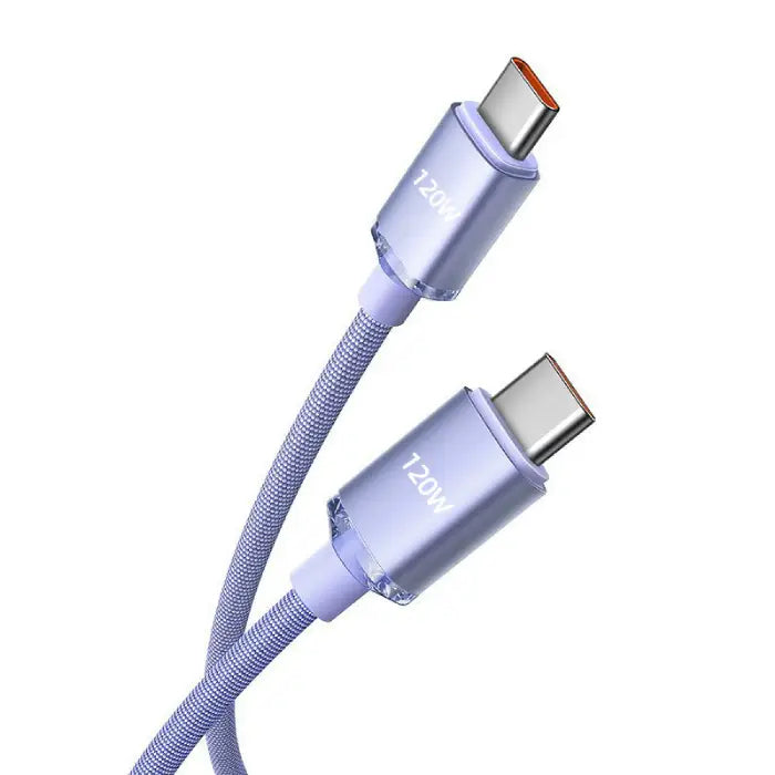 Purple 120W Type-C fast charging cable with a braided design for durability and high-speed charging.