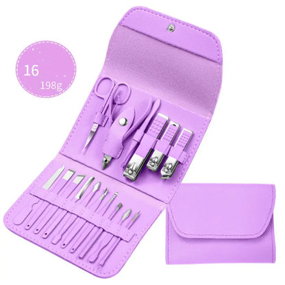  Purple compact manicure set with nail care tools and implements in folding leather-textured case