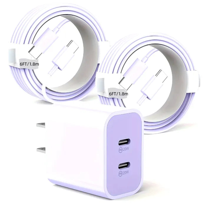 Purple Compact dual USB-C port charger, easy to carry. Dimensions: 47mm x 42mm x 27mm. Space-saving design.