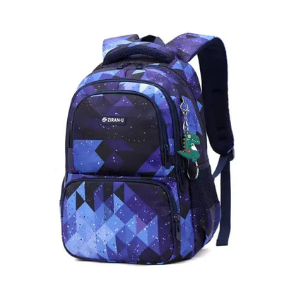 Purple backpack with geometric galaxy print, multiple compartments, and green dinosaur keychain