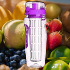 Innovative fruit infuser water bottle with purple accents surrounded by fresh fruits for healthy hydration lifestyle