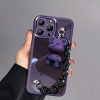 Purple Kuwaii Phone Case featuring small bear keychain and glossy black bead strap design.