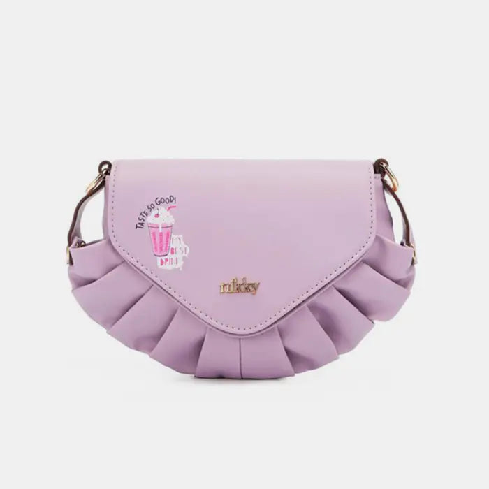 Cute lilac pleated shoulder bag with milkshake graphic, ideal for sweet fashion-forward accessory collections