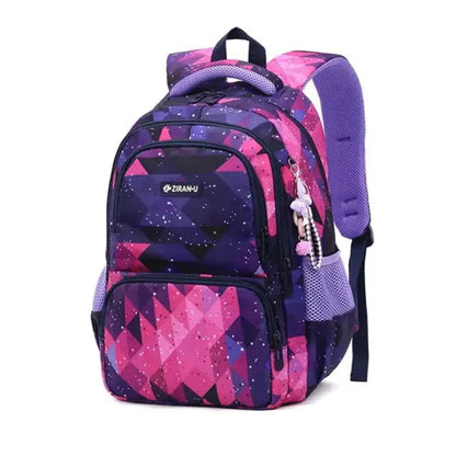 Purple and pink geometric galaxy print backpack with multiple compartments and dimension specifications