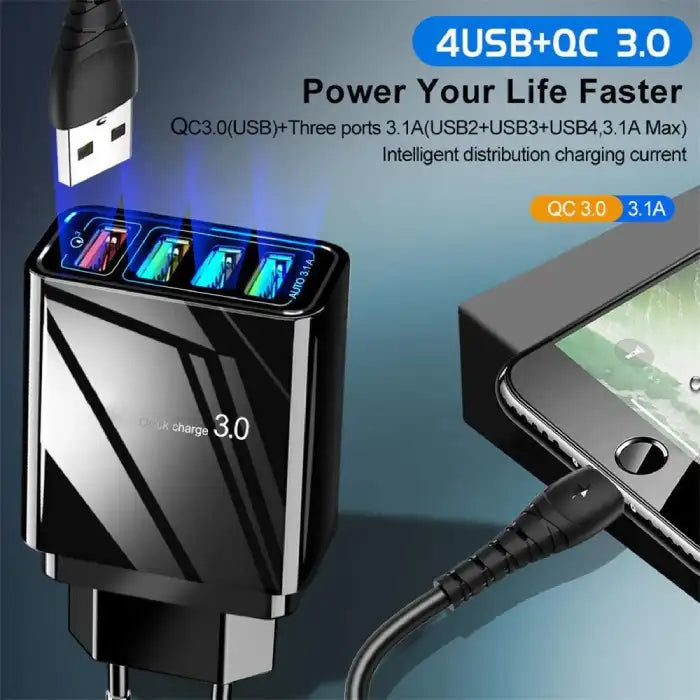 Quick Charge 3.0 USB charger with 4 USB ports in black, charging smartphone with glowing port indicators.